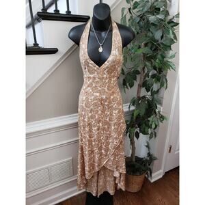 VTG Rocket Candy Dress Women Small Brown Paisley Halter V Neck Boho Maxi Formal